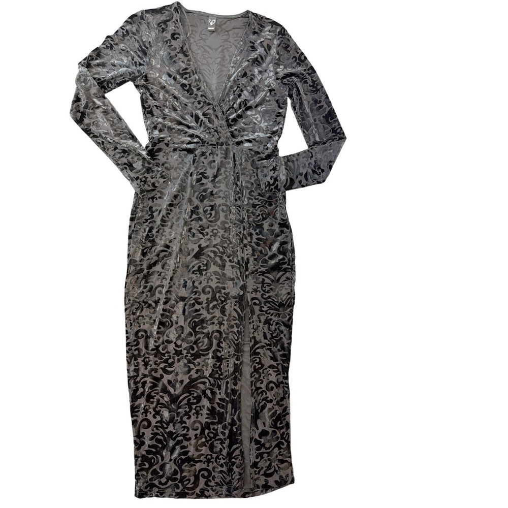 Windsor Black Velvet Burn Out V-Neck Long Sleeve Dress M Bodycon